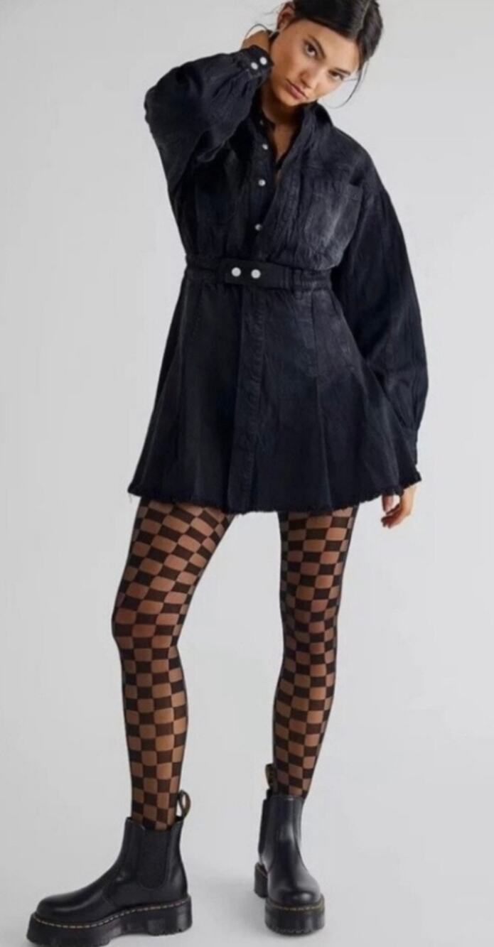 Free People Mini Dress Black Denim Button Front Shirt Dress Raw Edge Hem Medium